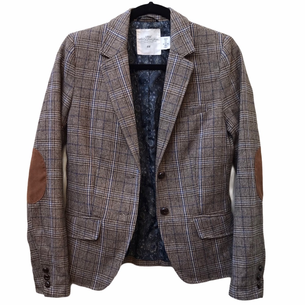 H&M LOGG plaid wool blend blazer w/elbow patches